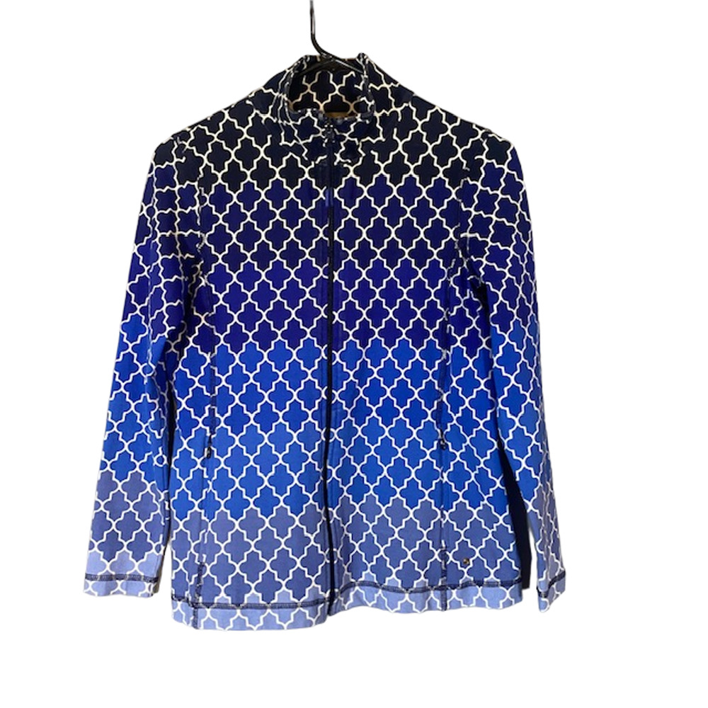 T By Talbots Blue Ombre Geo Cotton Blend Long Sleeve Full Zip Jacket Women Sz S
